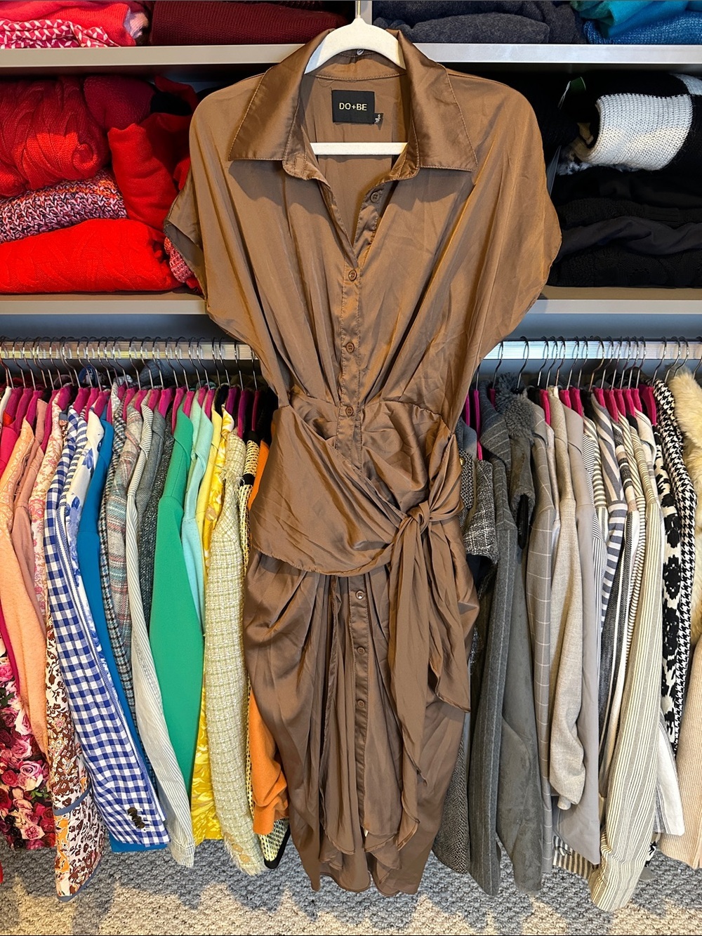 DO + BE brown satiny front button closure with ties ruched midi dress size S